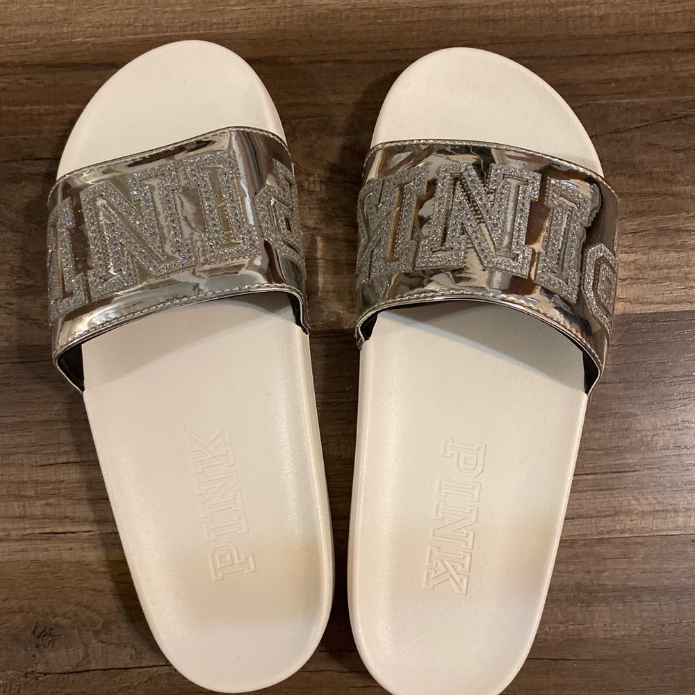 PINK white glitter slides Medium